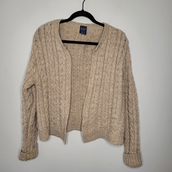 Paul James Crew Neck Long Sleeve Thick Knit Open Front Cardigan Size M Beige - Picture 1 of 11